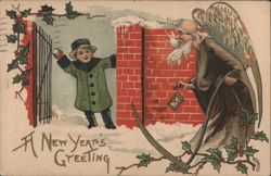 New Year's Greeting: Child Snowballing Father Time with Scythe and Hourglass Postcard