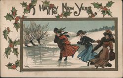 Happy New Year Ice Skaters with Holly Border Postcard