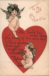 Cherubs on Red Heart with Valentine Poem, To My Valentine Postcard
