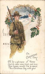 WWI Soldier Christmas Greeting, Winter Scene with Holly Border Postcard