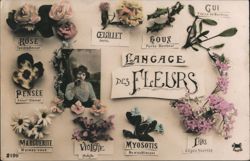 French Language of Flowers with Woman and Floral Meanings Postcard