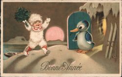 New Year's Child in Snow with Duck, Skis, and Evergreen Bouquet, Bonne Année Postcard