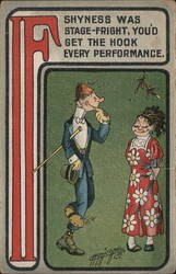 Shyness Was Stage-Fright Comic with Man and Woman under Mistletoe Postcard
