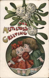 Mistletoe Greetings with Anthropomorphic Berries and Kissing Children Postcard
