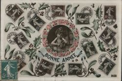 Bonne Année Child Portrait, French Allegorical Stamps, New Year Wishes Postcard