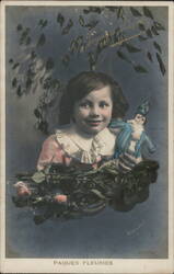 Smiling Girl with Doll and Flowers for Easter Postcard