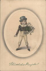 Child in Top Hat Holding Mistletoe, Happy New Year Greeting Postcard