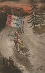Children Sledding in Snow with Bonne Année Banner Postcard