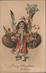 Angel Child with Mistletoe and Baskets of Toys, Loving Christmas Wishes Postcard