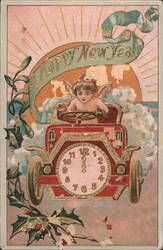 Cherub Pushing Clock on Wheels, Happy New Year Greeting, Holly & Mistletoe Postcard