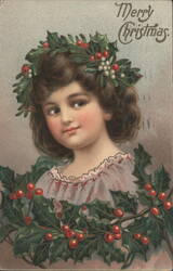 Merry Christmas Girl with Holly Wreath Postcard