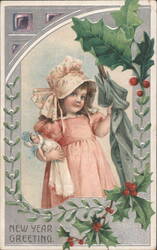 New Year Greeting Girl with Doll and Holly Postcard