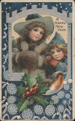 Children, Holly, and Robin for A Happy New Year Postcard