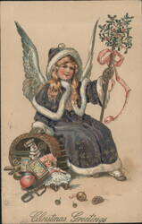Angel Girl in Winter Coat with Mistletoe Staff & Toys, Christmas Postcard