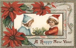Children in Winter Coats with Poinsettias, A Happy New Year Greeting Postcard