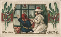 New Year Greetings: Children at Window with Mistletoe, Snow Scene Postcard
