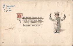 A Gladsome New Year Child with Noisemakers and Bell Postcard