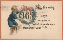 New Year's Greeting with Child Tying Bow on Wreath, 363 Days Postcard
