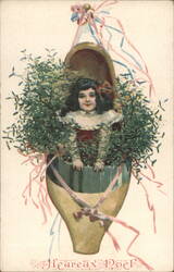 Girl in Shoe with Mistletoe, Heureux Noël Postcard