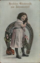 Girl with Horseshoe, Mistletoe, and New Year's Greeting Postcard