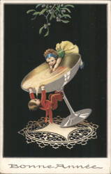 Children in Champagne Glass with Mistletoe, Bonne Année Postcard