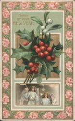 Happy New Year with Holly, Mistletoe, Roses, and Angels Postcard
