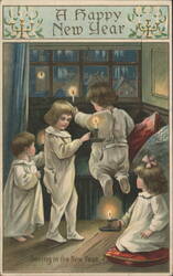 A Happy New Year: Children Lighting Candles by Window in Winter Postcard