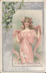 Woman in Pink Dress with Roses & Mistletoe, A Bright New Year Postcard