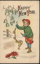 Happy New Year Boy with Horn, Bells, Mistletoe & Poinsettias Postcard