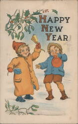 Happy New Year Children with Bell and Horn, Holly and Mistletoe Postcard