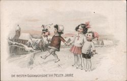 Children in Snow with New Year's Greetings, Village Background Postcard