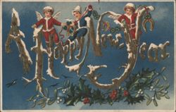 Happy New Year with Angels, Holly, and Mistletoe Postcard