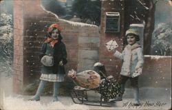 Girls Delivering New Year's Letter on Sled in Snow Postcard