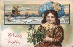 Young Girl with Holly and Winter Landscape, Happy New Year Postcard