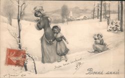 Winter Scene with Mother and Child in Snow, New Year's Wishes, 1911 Postcard