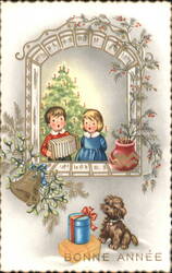 Children with Accordion, Christmas Tree, New Year Greeting Postcard
