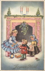 Children with Christmas Gifts by Fireplace, Joyeux Noël Postcard
