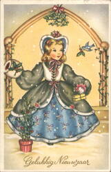 Young Girl in Winter Attire with Mistletoe, Gelukkig Nieuwjaar Postcard