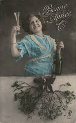 Smiling Woman with Champagne, Bonne Année New Year's Greeting Postcard