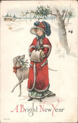 Girl in Red Coat with Dog and Mistletoe, A Bright New Year Postcard