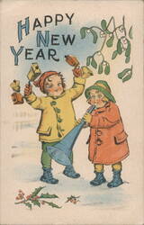 Happy New Year Children with Bells, Horn, Mistletoe & Holly in Snow Postcard