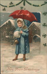 New Year Greetings Child with Red Umbrella in Snow Postcard