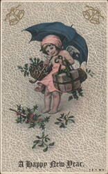 Cherub with Umbrella and Travel Bag, A Happy New Year Greeting Postcard