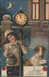 Child with Borzoi Dog and Mistletoe, Clock at Midnight, Happy New Year Postcard