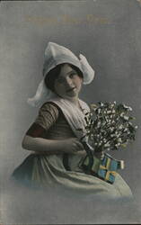 Happy New Year Girl in Dutch Costume with Flowers and Gift Postcard