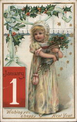 Girl with Holly Plant, January 1, Wishing a Happy New Year Postcard