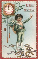 Boy in Sailor Suit with Clock, Mistletoe, Horseshoes, Happy New Year Postcard