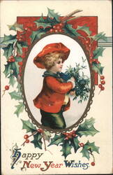 Happy New Year Wishes with Child in Holly Wreath Postcard