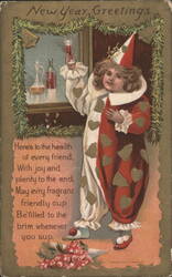 New Year Greetings Clown Child with Toast and Poem Postcard