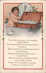 Cherub with Calendar Box and Clock, New Year's Greeting Postcard